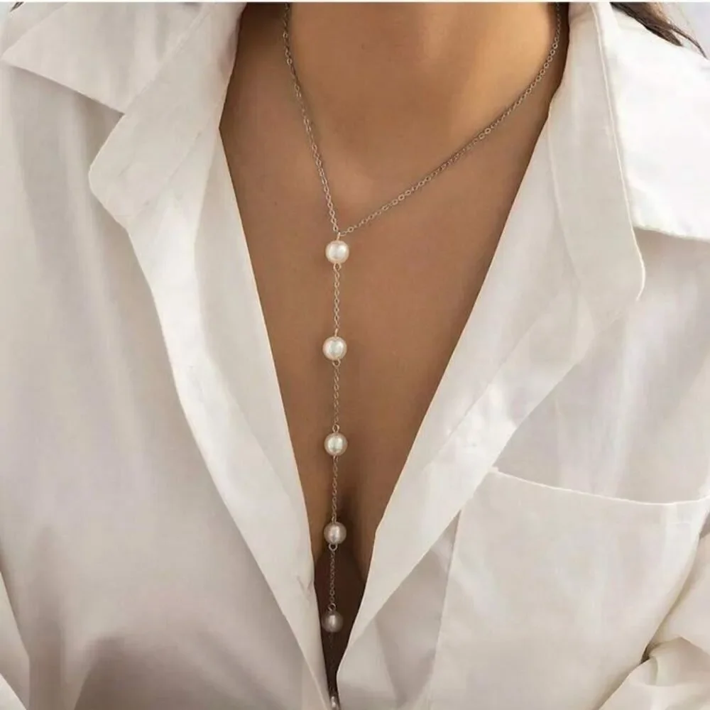 Pearl Y Shaped Necklace Long Pendant Dainty Pearl Drop Silvery or Golden Chain - Picture 11 of 13